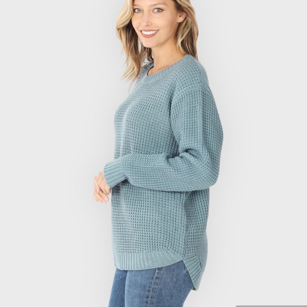 Zenana Waffle Knit Curved Hi Low Hem Crew Neck Sweater